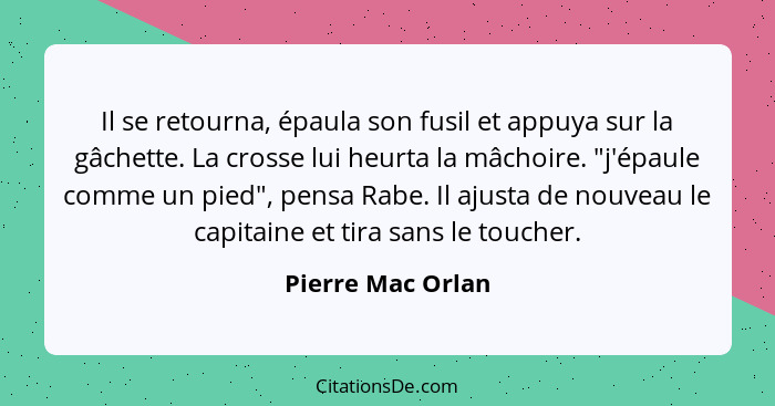 Il se retourna, épaula son fusil et appuya sur la gâchette. La crosse lui heurta la mâchoire. "j'épaule comme un pied", pensa Rabe.... - Pierre Mac Orlan