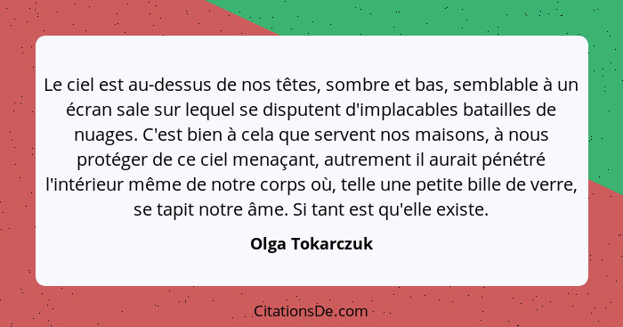 Le ciel est au-dessus de nos têtes, sombre et bas, semblable à un écran sale sur lequel se disputent d'implacables batailles de nuage... - Olga Tokarczuk