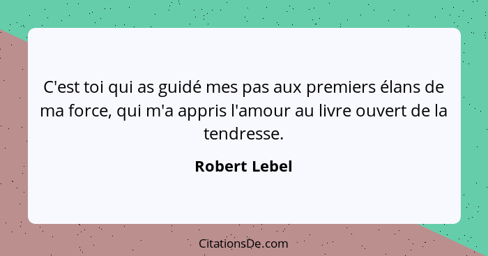 C'est toi qui as guidé mes pas aux premiers élans de ma force, qui m'a appris l'amour au livre ouvert de la tendresse.... - Robert Lebel