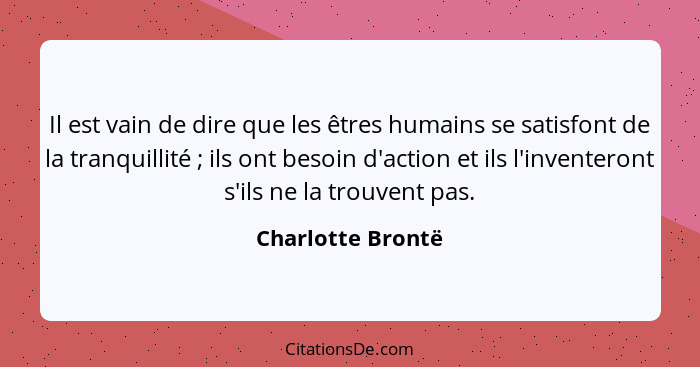 Il est vain de dire que les êtres humains se satisfont de la tranquillité ; ils ont besoin d'action et ils l'inventeront s'ils... - Charlotte Brontë