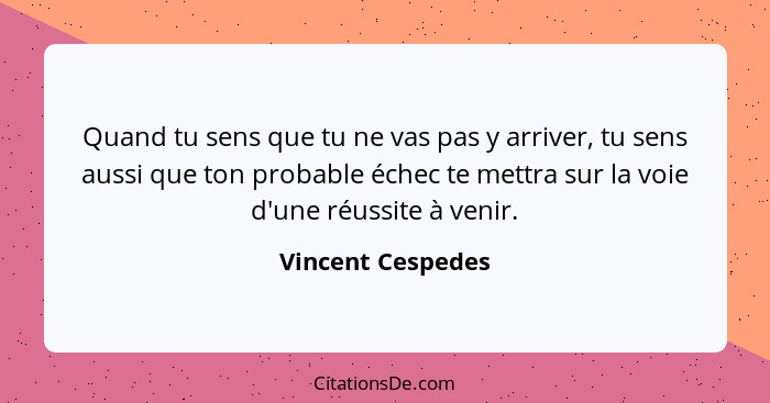 Quand tu sens que tu ne vas pas y arriver, tu sens aussi que ton probable échec te mettra sur la voie d'une réussite à venir.... - Vincent Cespedes