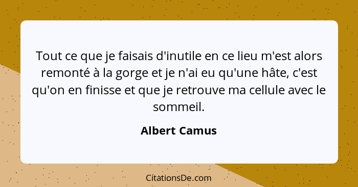 Tout ce que je faisais d'inutile en ce lieu m'est alors remonté à la gorge et je n'ai eu qu'une hâte, c'est qu'on en finisse et que je... - Albert Camus