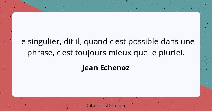 Le singulier, dit-il, quand c'est possible dans une phrase, c'est toujours mieux que le pluriel.... - Jean Echenoz