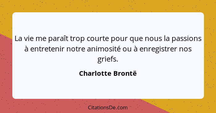 La vie me paraît trop courte pour que nous la passions à entretenir notre animosité ou à enregistrer nos griefs.... - Charlotte Brontë