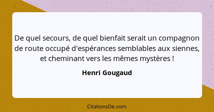 De quel secours, de quel bienfait serait un compagnon de route occupé d'espérances semblables aux siennes, et cheminant vers les mêmes... - Henri Gougaud