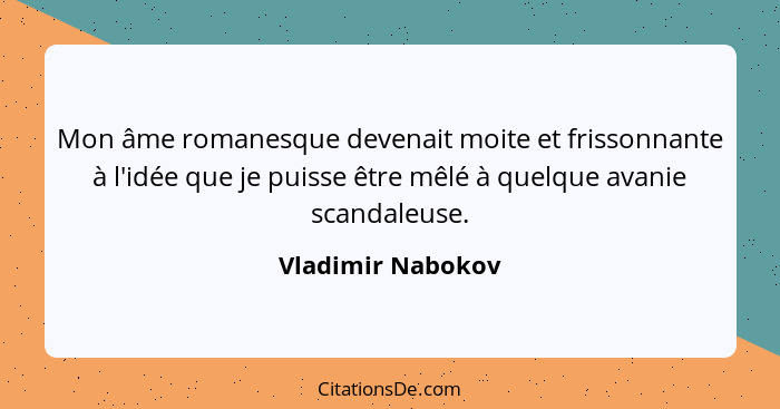 Mon âme romanesque devenait moite et frissonnante à l'idée que je puisse être mêlé à quelque avanie scandaleuse.... - Vladimir Nabokov