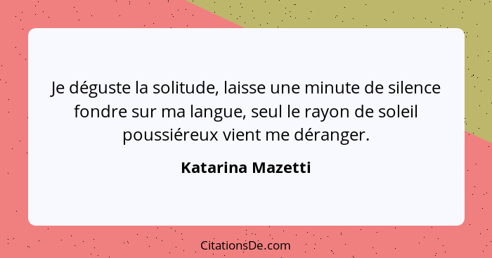 Je déguste la solitude, laisse une minute de silence fondre sur ma langue, seul le rayon de soleil poussiéreux vient me déranger.... - Katarina Mazetti