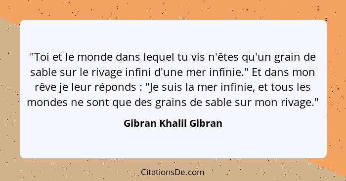 "Toi et le monde dans lequel tu vis n'êtes qu'un grain de sable sur le rivage infini d'une mer infinie." Et dans mon rêve je le... - Gibran Khalil Gibran