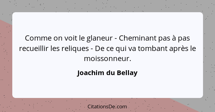 Comme on voit le glaneur - Cheminant pas à pas recueillir les reliques - De ce qui va tombant après le moissonneur.... - Joachim du Bellay