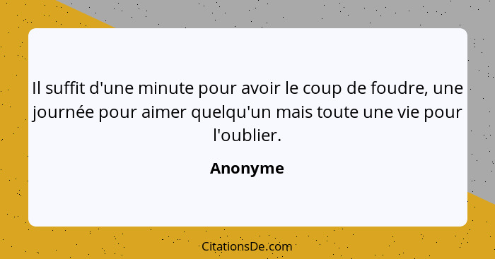 Il suffit d'une minute pour avoir le coup de foudre, une journée pour aimer quelqu'un mais toute une vie pour l'oublier.... - Anonyme