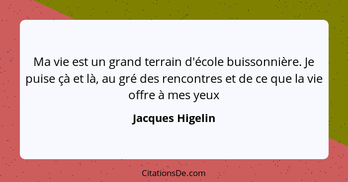 Ma vie est un grand terrain d'école buissonnière. Je puise çà et là, au gré des rencontres et de ce que la vie offre à mes yeux... - Jacques Higelin