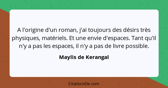 A l'origine d'un roman, j'ai toujours des désirs très physiques, matériels. Et une envie d'espaces. Tant qu'il n'y a pas les espa... - Maylis de Kerangal