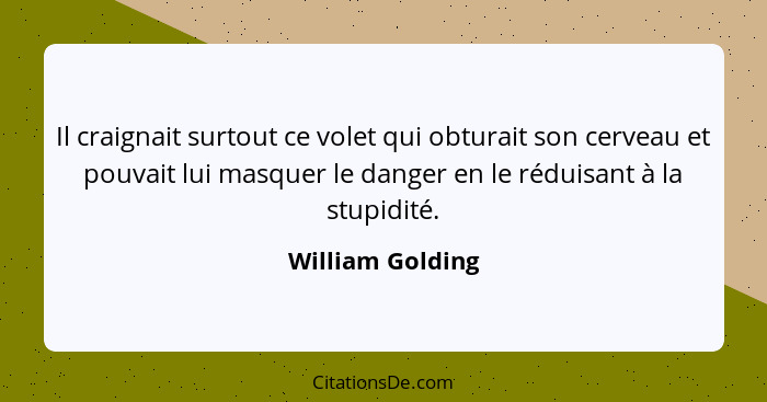 Il craignait surtout ce volet qui obturait son cerveau et pouvait lui masquer le danger en le réduisant à la stupidité.... - William Golding