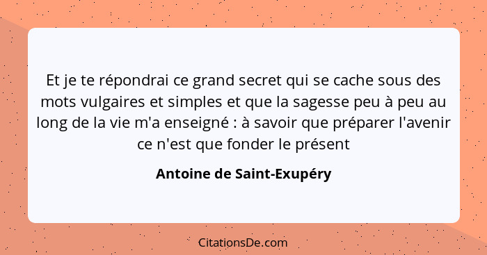 Et je te répondrai ce grand secret qui se cache sous des mots vulgaires et simples et que la sagesse peu à peu au long de l... - Antoine de Saint-Exupéry
