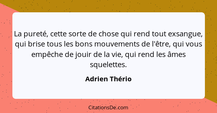 La pureté, cette sorte de chose qui rend tout exsangue, qui brise tous les bons mouvements de l'être, qui vous empêche de jouir de la... - Adrien Thério