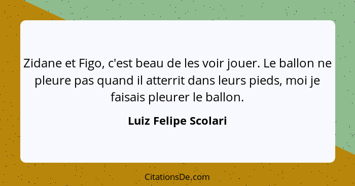 Zidane et Figo, c'est beau de les voir jouer. Le ballon ne pleure pas quand il atterrit dans leurs pieds, moi je faisais pleurer... - Luiz Felipe Scolari