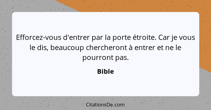 Efforcez-vous d'entrer par la porte étroite. Car je vous le dis, beaucoup chercheront à entrer et ne le pourront pas.... - Bible