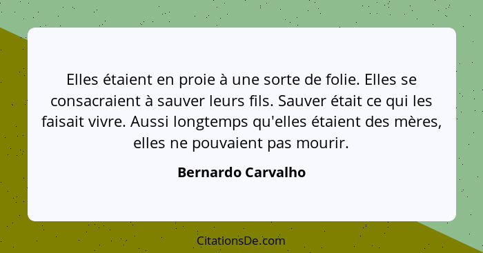 Elles étaient en proie à une sorte de folie. Elles se consacraient à sauver leurs fils. Sauver était ce qui les faisait vivre. Aus... - Bernardo Carvalho