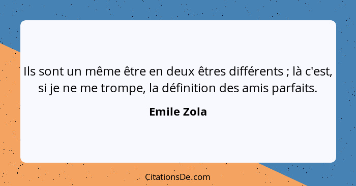 Ils sont un même être en deux êtres différents ; là c'est, si je ne me trompe, la définition des amis parfaits.... - Emile Zola