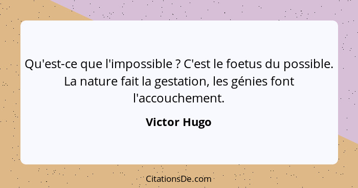 Qu'est-ce que l'impossible ? C'est le foetus du possible. La nature fait la gestation, les génies font l'accouchement.... - Victor Hugo