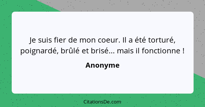 Je suis fier de mon coeur. Il a été torturé, poignardé, brûlé et brisé... mais il fonctionne !... - Anonyme