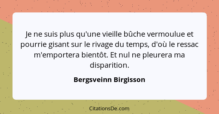 Je ne suis plus qu'une vieille bûche vermoulue et pourrie gisant sur le rivage du temps, d'où le ressac m'emportera bientôt. Et... - Bergsveinn Birgisson