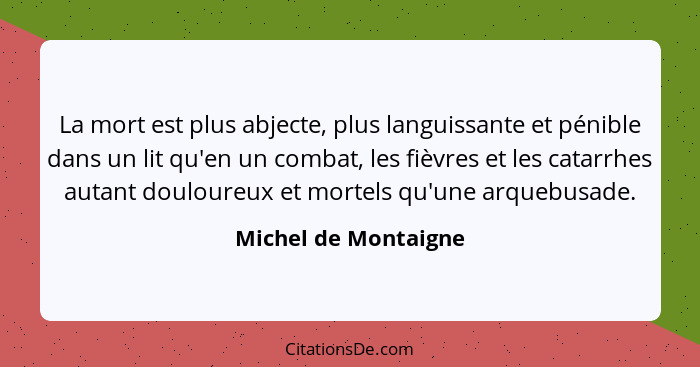 La mort est plus abjecte, plus languissante et pénible dans un lit qu'en un combat, les fièvres et les catarrhes autant douloure... - Michel de Montaigne