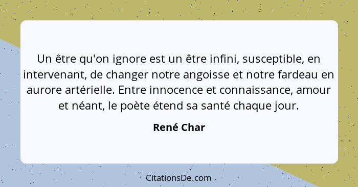 Un être qu'on ignore est un être infini, susceptible, en intervenant, de changer notre angoisse et notre fardeau en aurore artérielle. Ent... - René Char