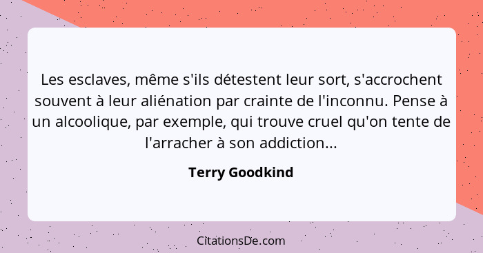 Les esclaves, même s'ils détestent leur sort, s'accrochent souvent à leur aliénation par crainte de l'inconnu. Pense à un alcoolique,... - Terry Goodkind