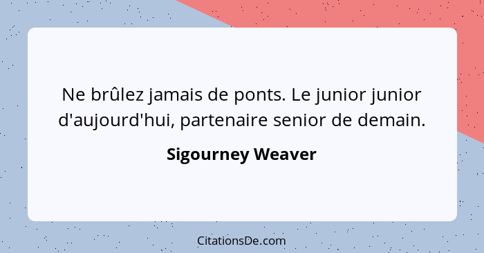 Ne brûlez jamais de ponts. Le junior junior d'aujourd'hui, partenaire senior de demain.... - Sigourney Weaver