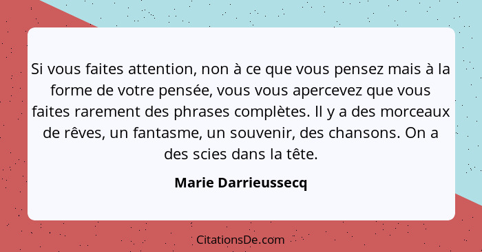 Si vous faites attention, non à ce que vous pensez mais à la forme de votre pensée, vous vous apercevez que vous faites rarement... - Marie Darrieussecq