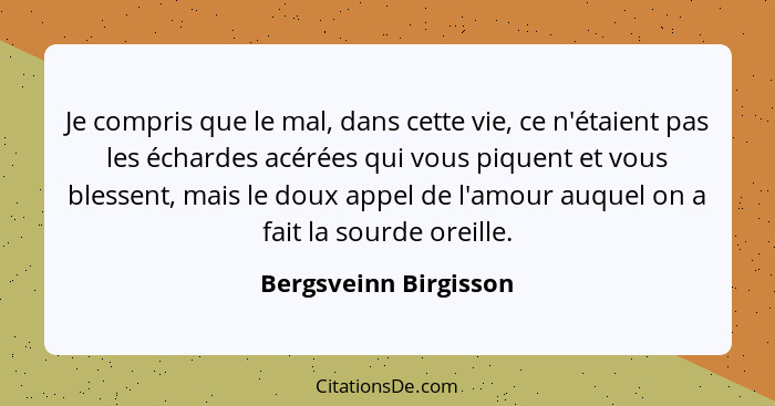 Je compris que le mal, dans cette vie, ce n'étaient pas les échardes acérées qui vous piquent et vous blessent, mais le doux ap... - Bergsveinn Birgisson