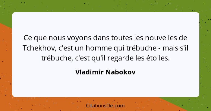 Ce que nous voyons dans toutes les nouvelles de Tchekhov, c'est un homme qui trébuche - mais s'il trébuche, c'est qu'il regarde les... - Vladimir Nabokov