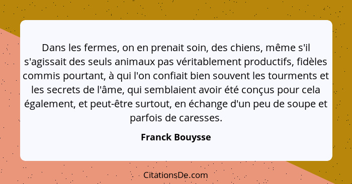 Dans les fermes, on en prenait soin, des chiens, même s'il s'agissait des seuls animaux pas véritablement productifs, fidèles commis... - Franck Bouysse