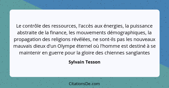 Le contrôle des ressources, l'accès aux énergies, la puissance abstraite de la finance, les mouvements démographiques, la propagation... - Sylvain Tesson