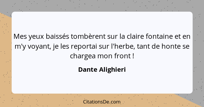 Mes yeux baissés tombèrent sur la claire fontaine et en m'y voyant, je les reportai sur l'herbe, tant de honte se chargea mon front&... - Dante Alighieri