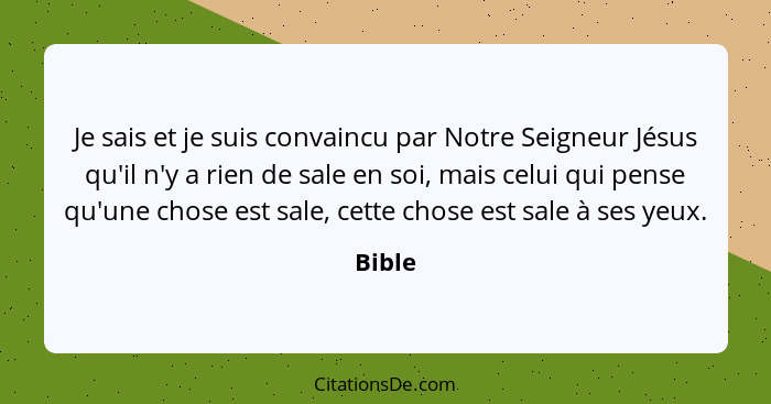 Je sais et je suis convaincu par Notre Seigneur Jésus qu'il n'y a rien de sale en soi, mais celui qui pense qu'une chose est sale, cette chose... - Bible