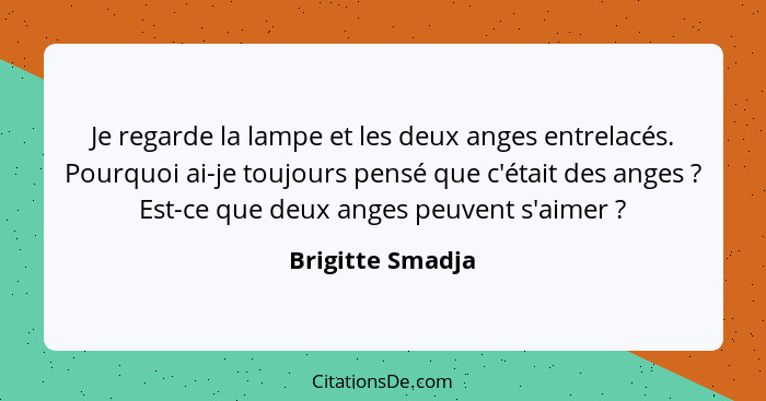 Je regarde la lampe et les deux anges entrelacés. Pourquoi ai-je toujours pensé que c'était des anges ? Est-ce que deux anges p... - Brigitte Smadja