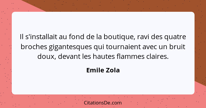 Il s'installait au fond de la boutique, ravi des quatre broches gigantesques qui tournaient avec un bruit doux, devant les hautes flammes... - Emile Zola