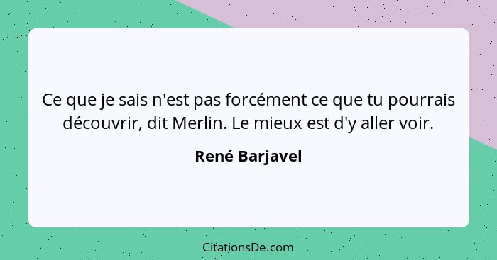 Ce que je sais n'est pas forcément ce que tu pourrais découvrir, dit Merlin. Le mieux est d'y aller voir.... - René Barjavel