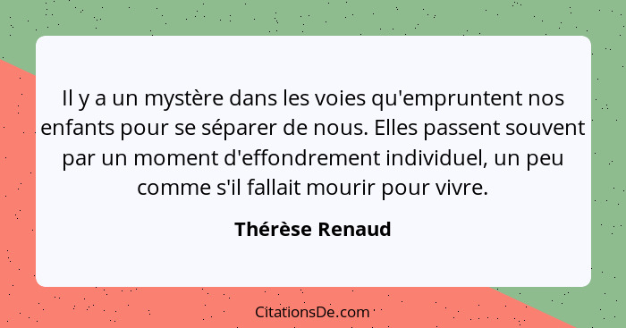 Il y a un mystère dans les voies qu'empruntent nos enfants pour se séparer de nous. Elles passent souvent par un moment d'effondremen... - Thérèse Renaud