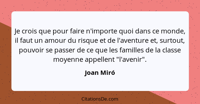 Je crois que pour faire n'importe quoi dans ce monde, il faut un amour du risque et de l'aventure et, surtout, pouvoir se passer de ce que... - Joan Miró