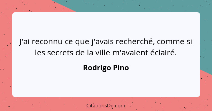 J'ai reconnu ce que j'avais recherché, comme si les secrets de la ville m'avaient éclairé.... - Rodrigo Pino