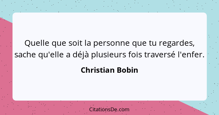 Quelle que soit la personne que tu regardes, sache qu'elle a déjà plusieurs fois traversé l'enfer.... - Christian Bobin