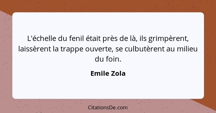 L'échelle du fenil était près de là, ils grimpèrent, laissèrent la trappe ouverte, se culbutèrent au milieu du foin.... - Emile Zola