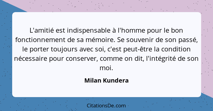 L'amitié est indispensable à l'homme pour le bon fonctionnement de sa mémoire. Se souvenir de son passé, le porter toujours avec soi,... - Milan Kundera