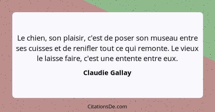 Le chien, son plaisir, c'est de poser son museau entre ses cuisses et de renifler tout ce qui remonte. Le vieux le laisse faire, c'es... - Claudie Gallay