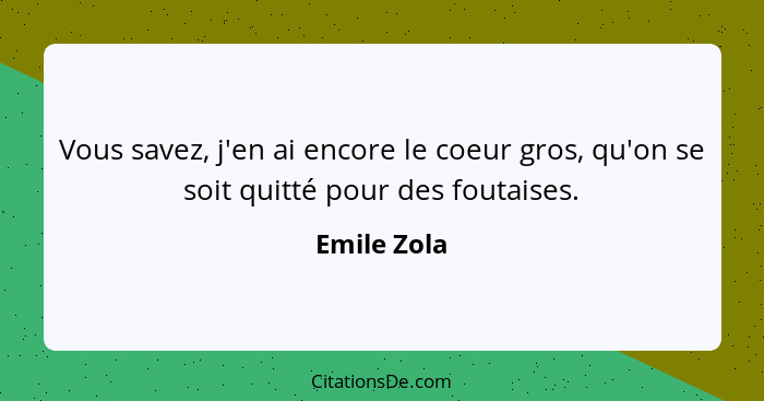 Vous savez, j'en ai encore le coeur gros, qu'on se soit quitté pour des foutaises.... - Emile Zola