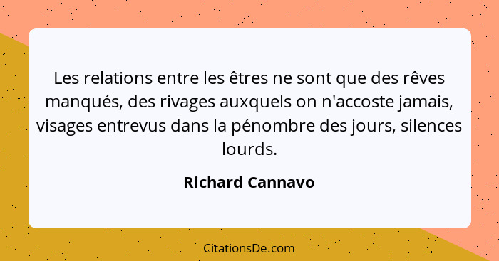 Les relations entre les êtres ne sont que des rêves manqués, des rivages auxquels on n'accoste jamais, visages entrevus dans la péno... - Richard Cannavo