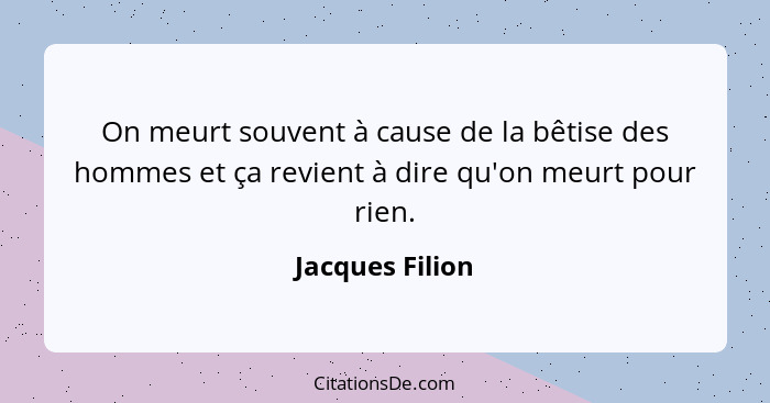 On meurt souvent à cause de la bêtise des hommes et ça revient à dire qu'on meurt pour rien.... - Jacques Filion